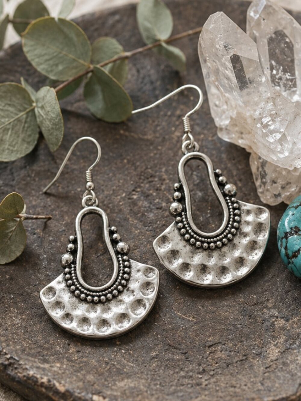 Boho Chic Antique Silver Plated Hammered Fan Statement Drop Dangle Earrings